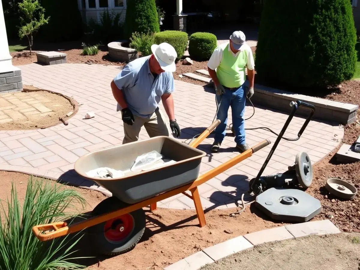 PaverScape crew installing pavers on a residential patio job site