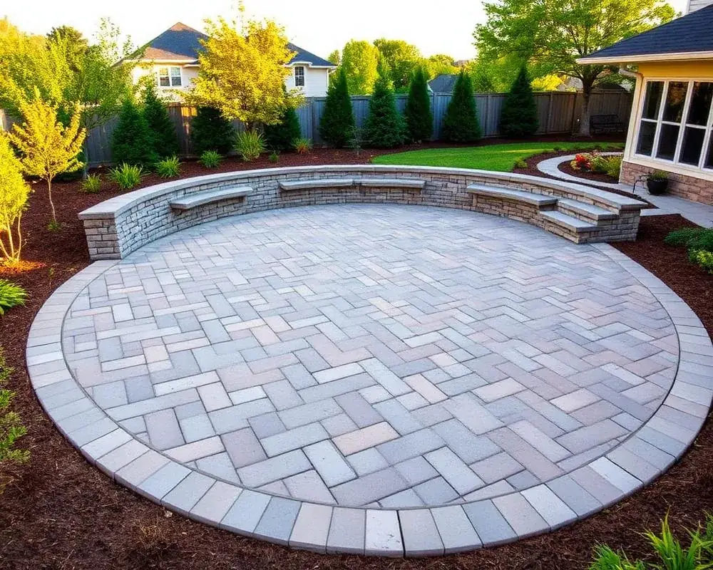 Curved paver patio with a stone seating wall in a landscaped backyard