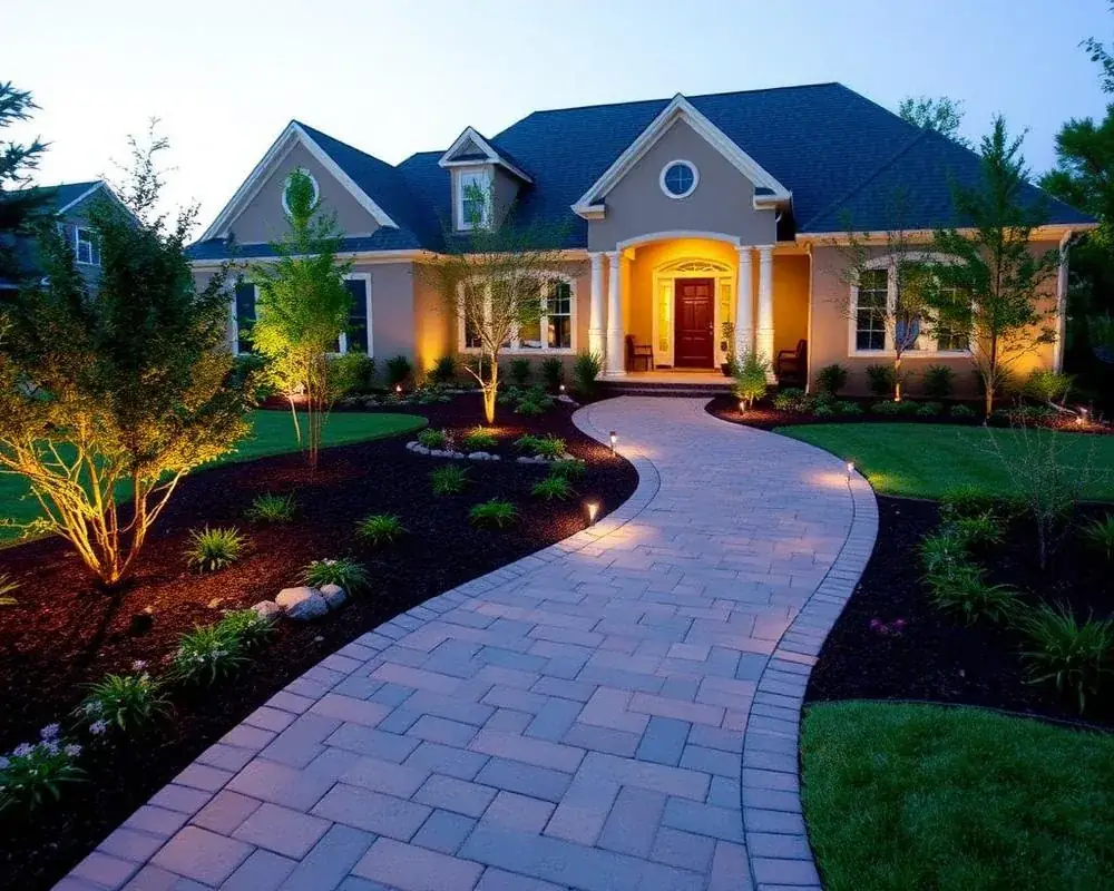 Winding paver walkway lit by landscape lighting leading to a home entrance