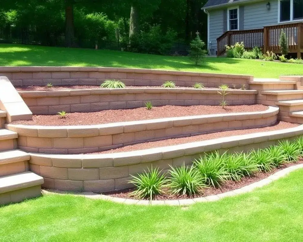 Tiered block retaining wall with terraced planting beds on a sloped yard