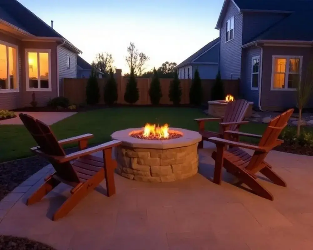 Round stone fire pit surrounded by Adirondack chairs on a paver patio at dusk