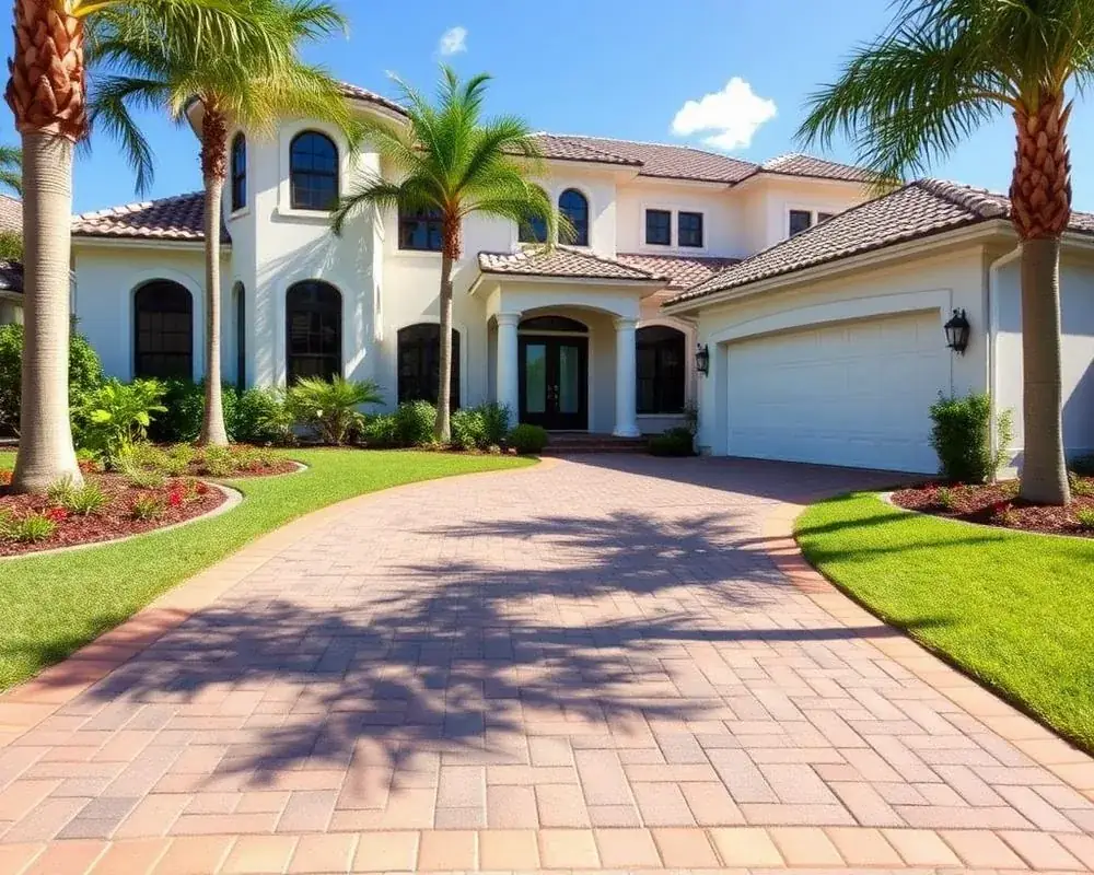 Paver driveway with contrasting border in front of a coastal home