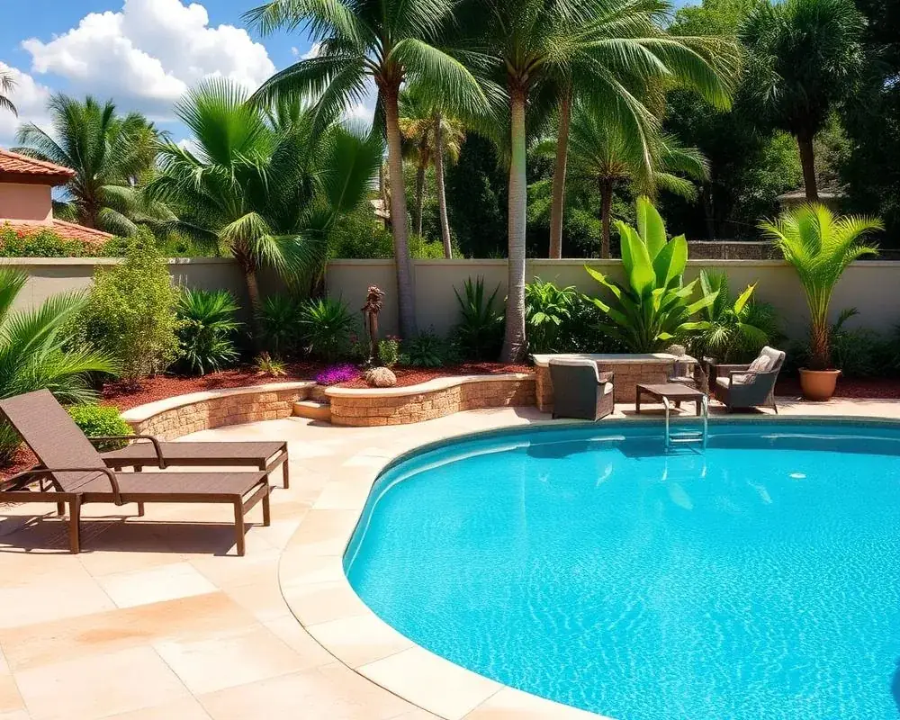Travertine paver pool deck with lounge chairs and tropical plantings