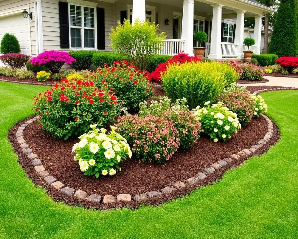 Flowering landscape beds with crisp edging beside a manicured lawn