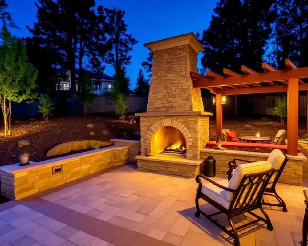 Outdoor stone fireplace with pergola and paver seating area at twilight