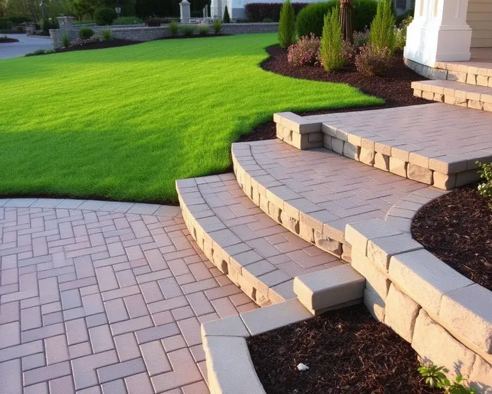 Paver walkway with stone steps and landing beside a green lawn